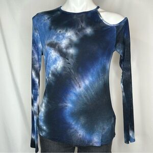 White Birch Blue, Black, & White Tie-Dye Top w/ Single Cold Shoulder, Medium